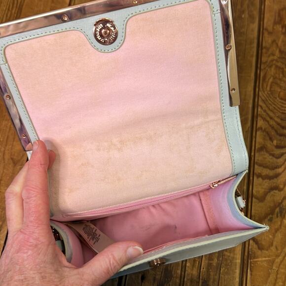 Ted Baker gray floral leather crossbody rose gold chain trim flap front - Picture 6 of 7